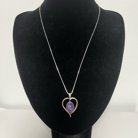 Like New Russian Purple Charoite Heart Sterling Silver Necklace - Picture 2 of 2